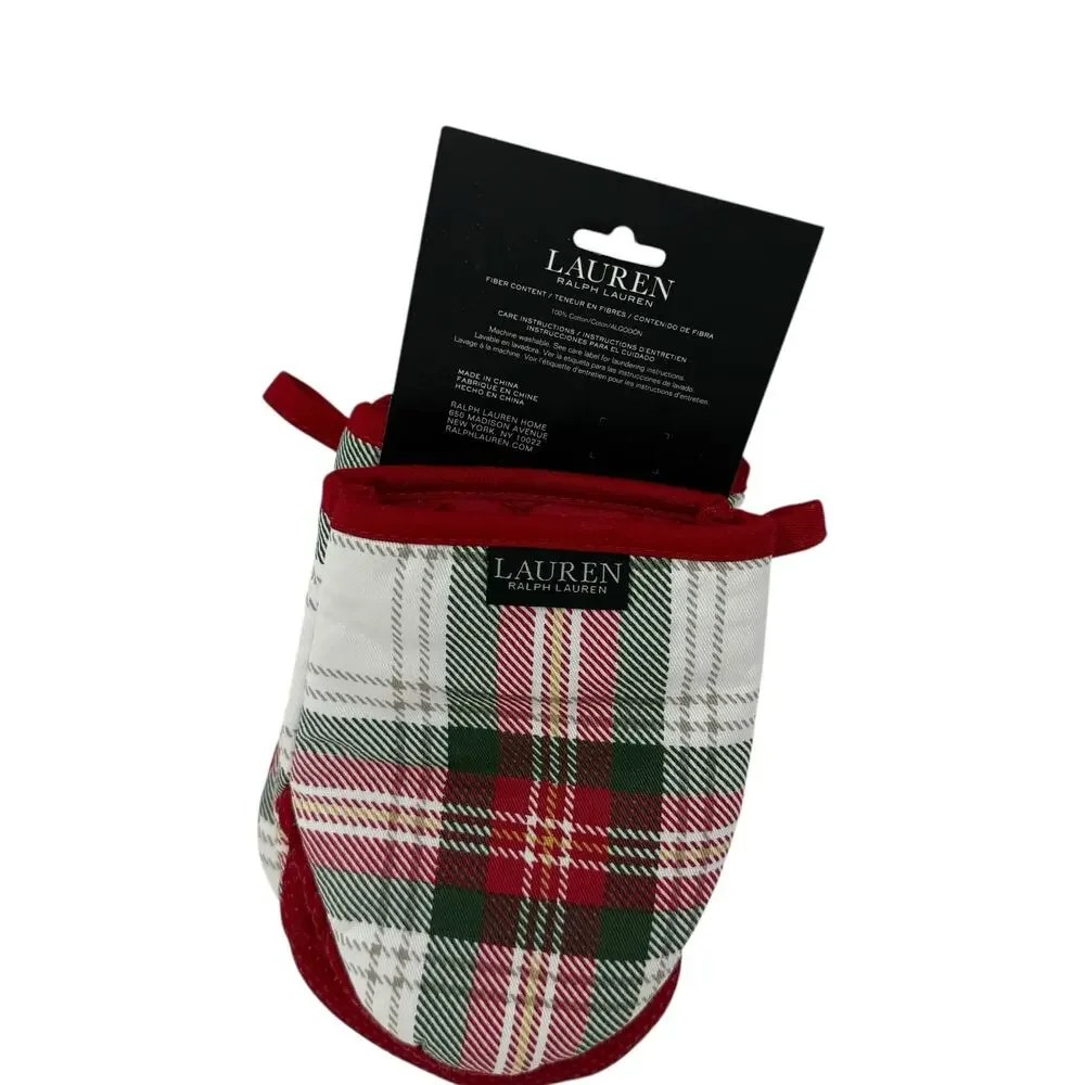 NWT Lauren Ralph Lauren Holiday Plaid Kitchen Set Mini Mitt & 2 Towels Christmas